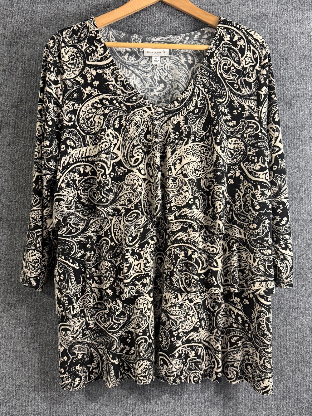Susan Graver Womens XL Liquid Knit Black Ivory Paisley Tiered Ruffle V-Neck Top